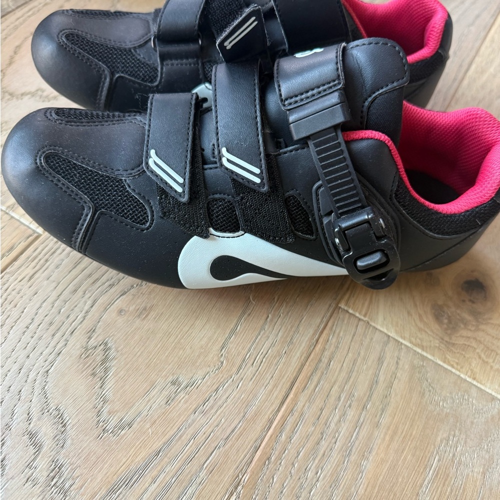 Peloton Black Cycling Shoes with Pink Lining and White Accent